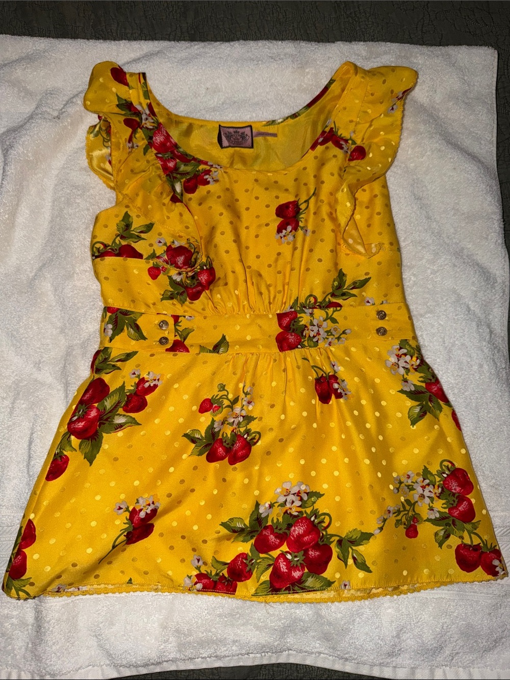 Y2K Juicy Couture Yellow silk blouse with Red Strawberry Print